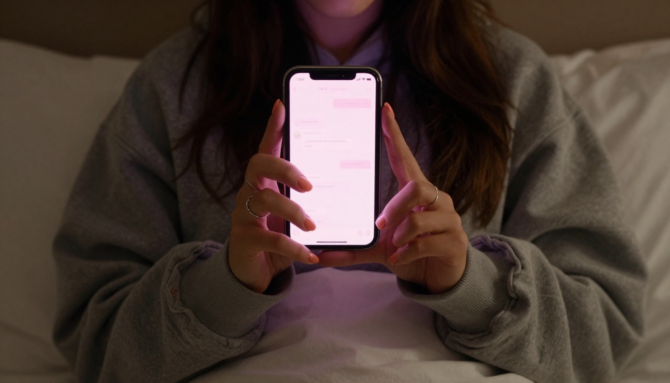 Close-up of hands holding glowing smartphone with chat interface in dark bedroom