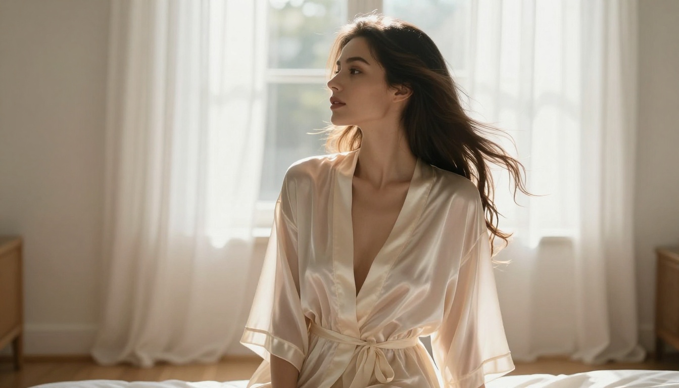 Woman in a sheer silk robe bathed in soft morning backlight near a window, fine art boudoir photography with natural hair and skin texture, ivory and cream tones throughout Woman in a sheer silk robe bathed in soft morning backlight near a window, fine art boudoir photography with natural hair and skin texture, ivory and cream tones throughout
