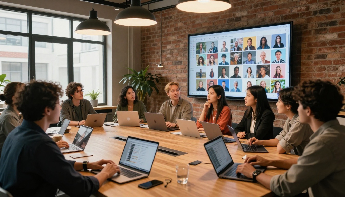 Diverse creative professionals gathered around a conference table reviewing a mosaic of AI-generated images on a large display, warm industrial lighting and authentic collaborative atmosphere Diverse creative professionals gathered around a conference table reviewing a mosaic of AI-generated images on a large display, warm industrial lighting and authentic collaborative atmosphere