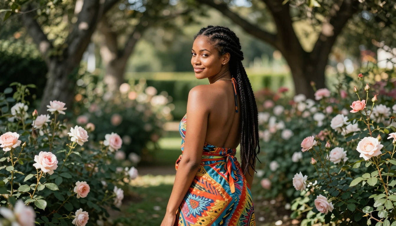 Woman with braided hair in wrap skirt looking over shoulder in sunlit rose garden Woman with braided hair in wrap skirt looking over shoulder in sunlit rose garden