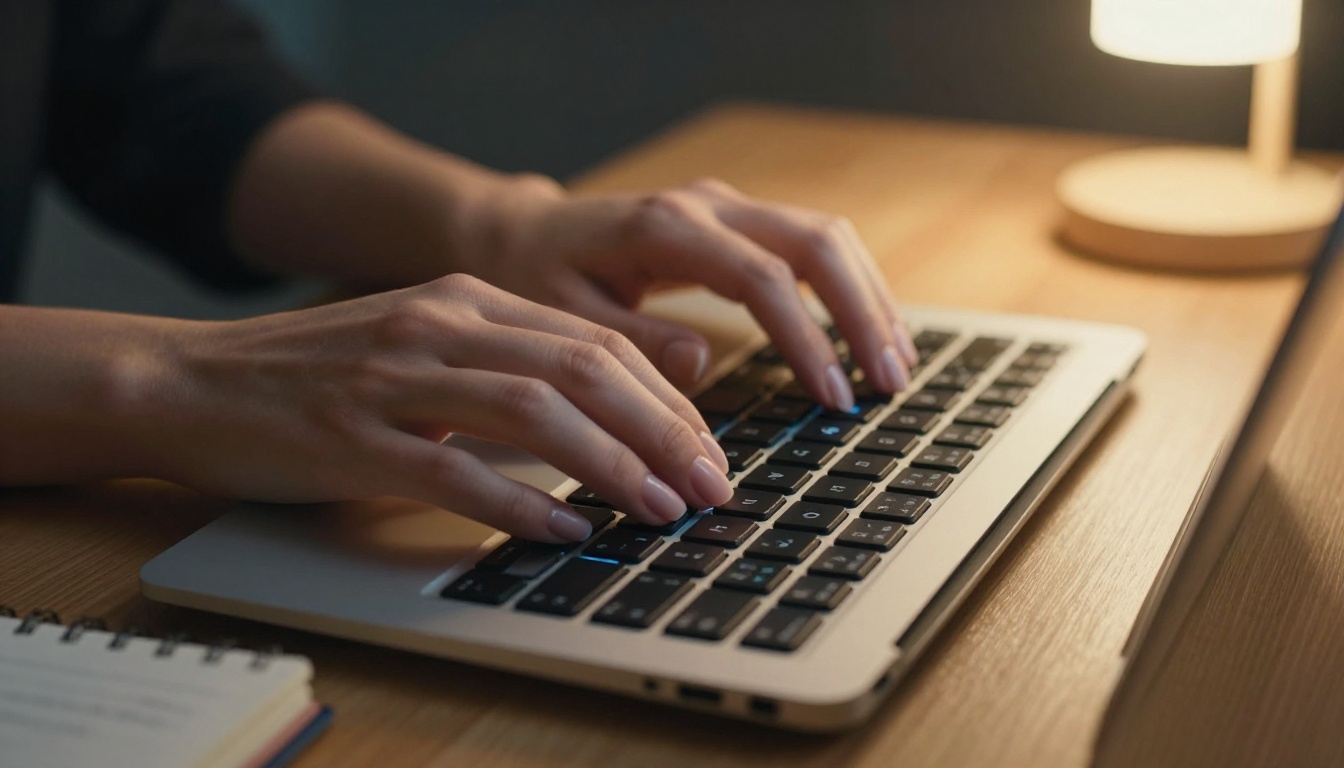 Close-up of hands typing a prompt on a mechanical keyboard with amber laptop glow