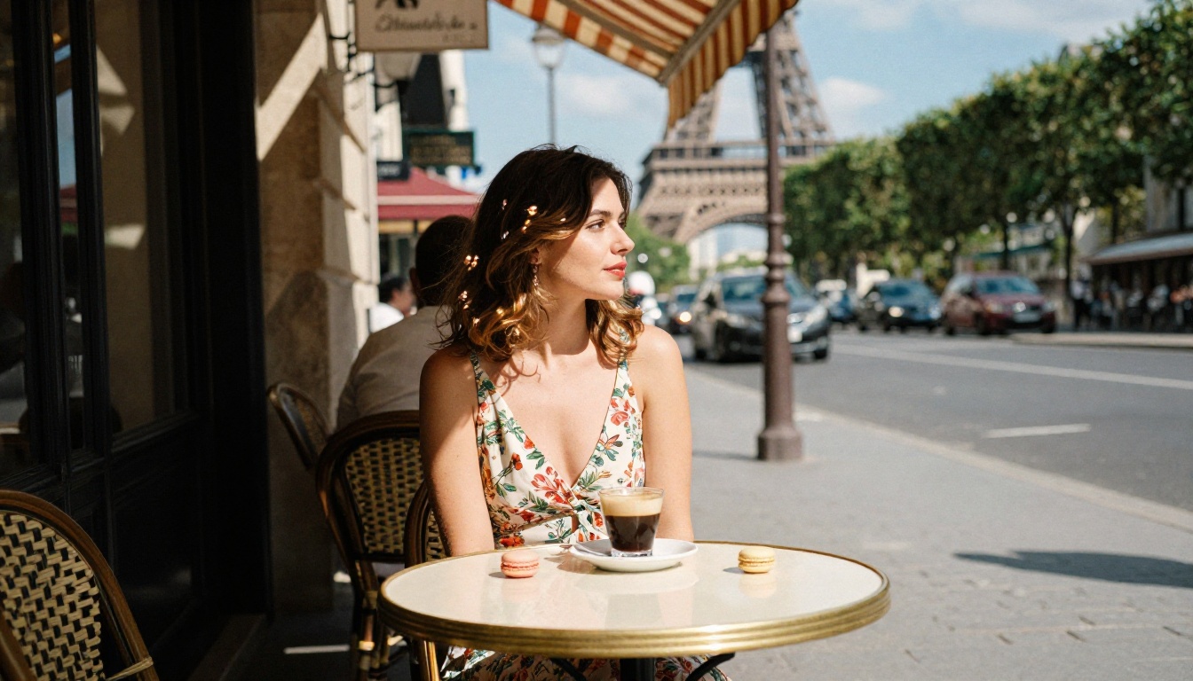 Woman in floral dress at Parisian café with Eiffel Tower in background Woman in floral dress at Parisian café with Eiffel Tower in background