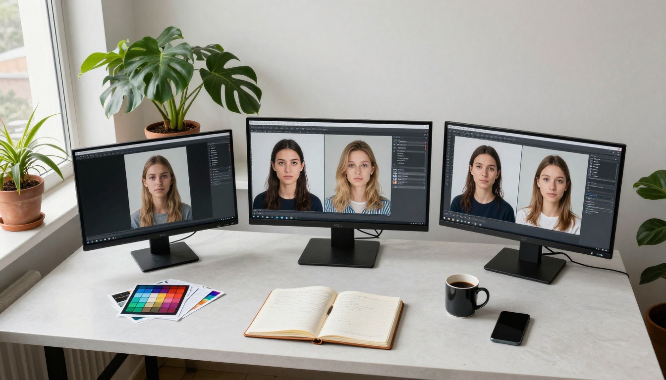 Aerial view of professional AI art creation workspace