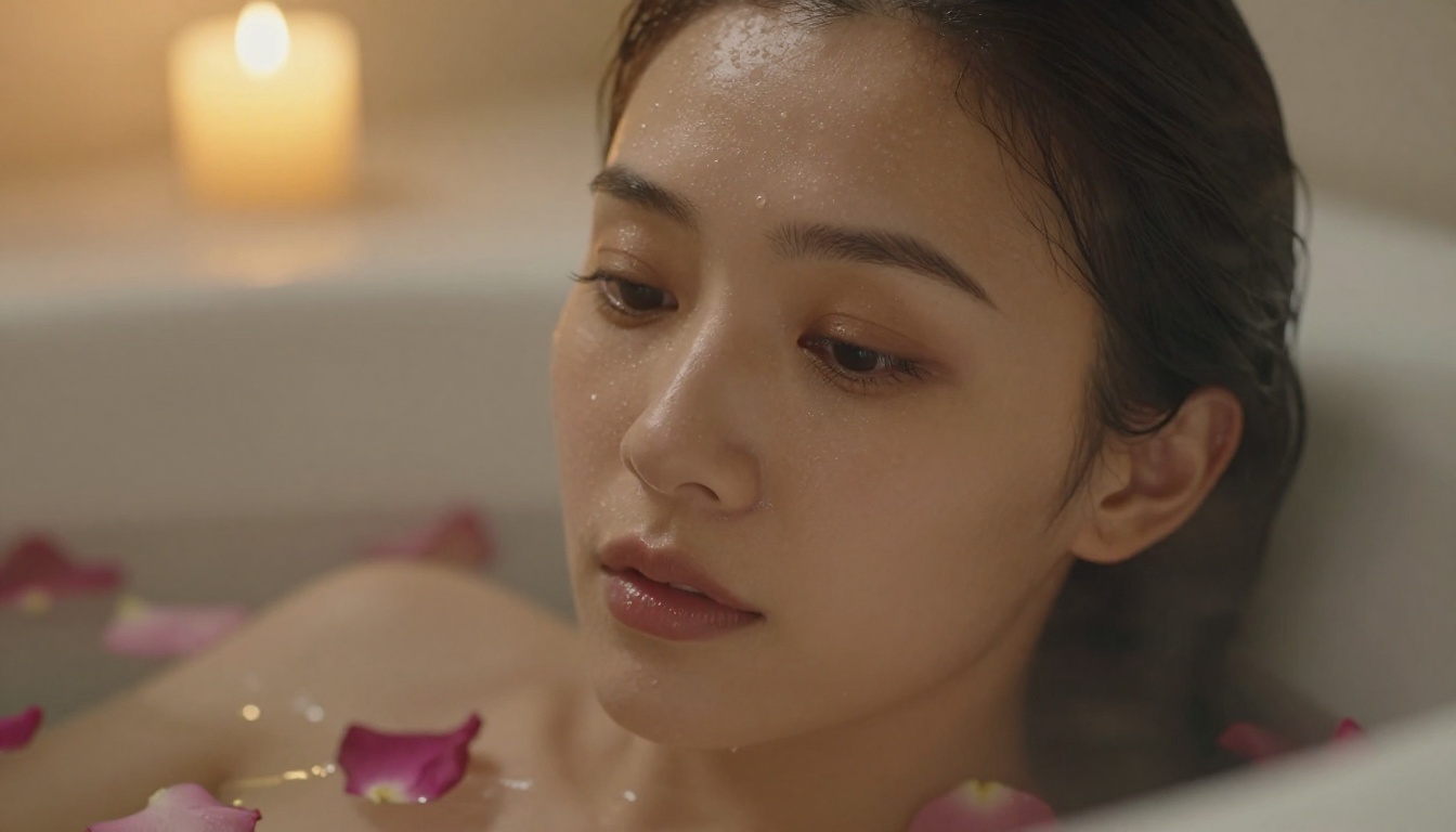 Woman in black bikini emerging from steaming bath with rose petals, candlelight Woman in black bikini emerging from steaming bath with rose petals, candlelight