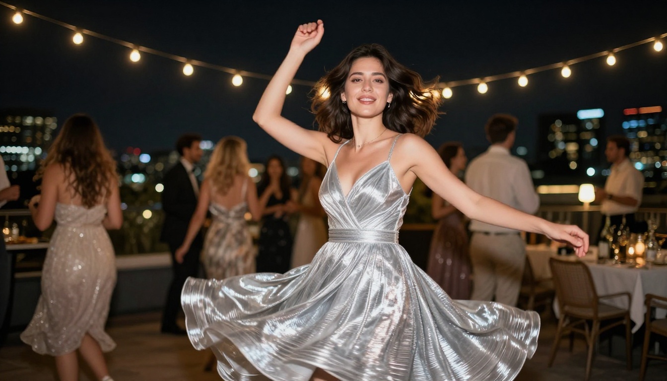 Woman in silver cocktail dress dancing at rooftop party with city lights bokeh Woman in silver cocktail dress dancing at rooftop party with city lights bokeh