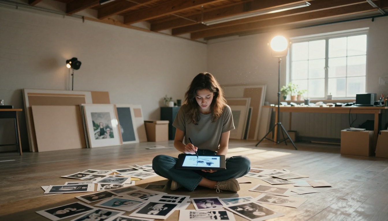 Creative artist workspace with AI art displayed on multiple screens