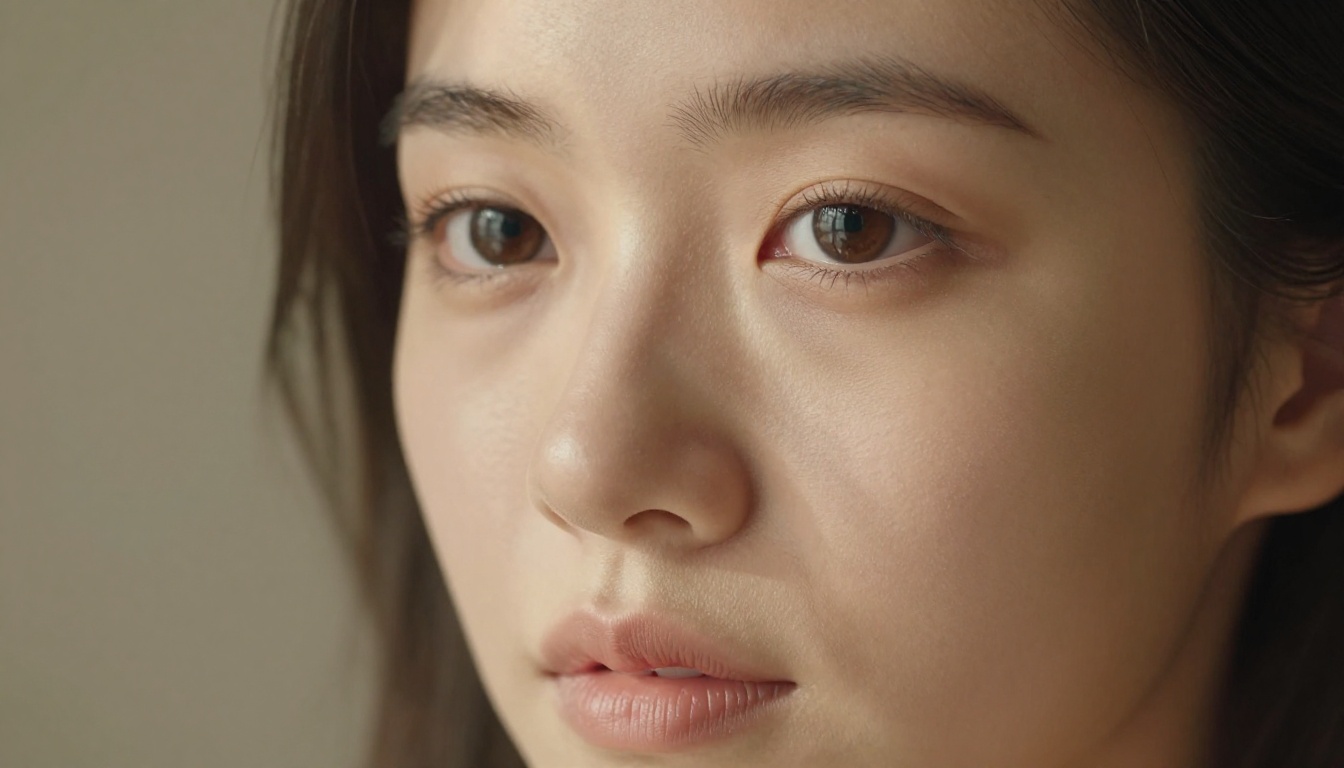 Extreme close-up portrait of beautiful woman with brown eyes, Rembrandt lighting, hyper-realistic skin texture and pore detail