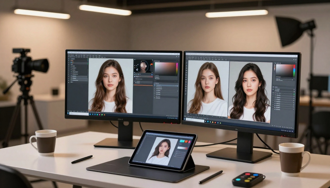 Professional photographer's dual-monitor workstation showing AI portrait comparisons in various stages, studio setup