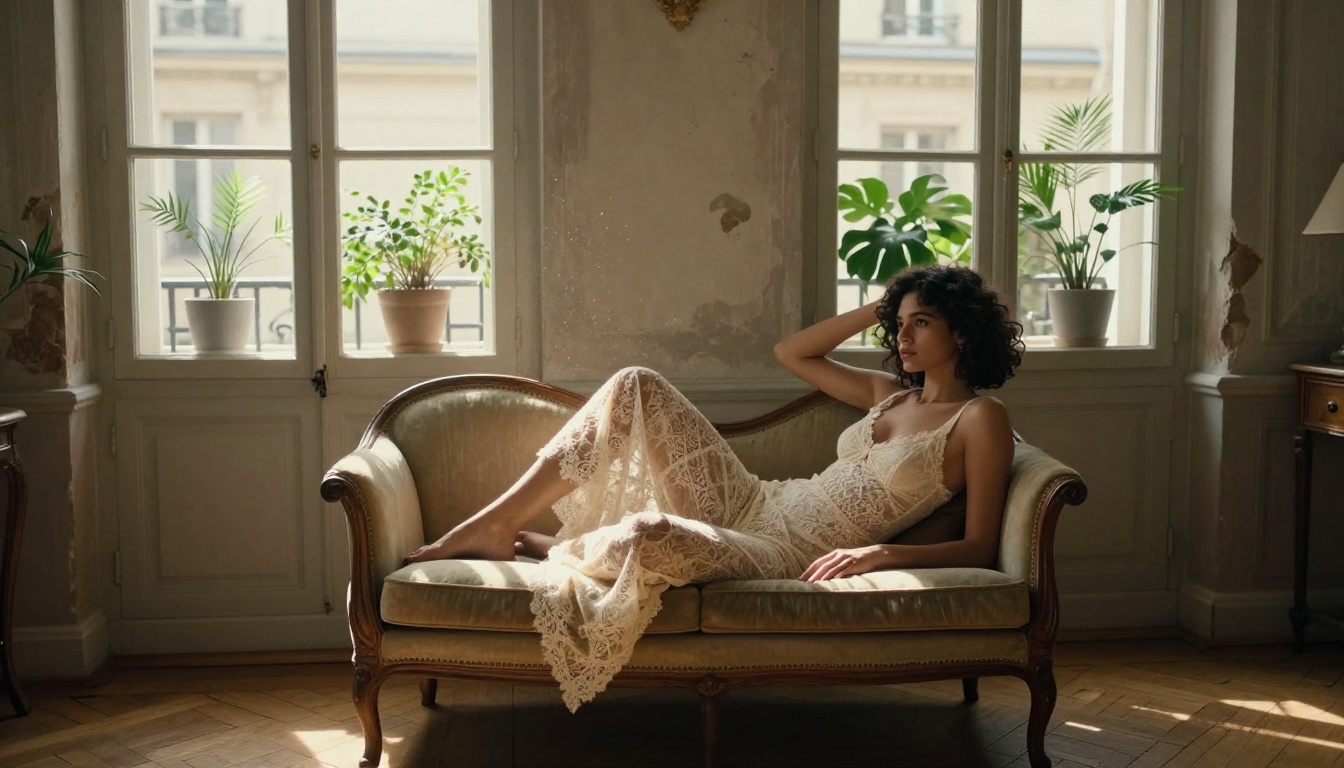 Woman with olive skin in cream lace bodysuit lounging on vintage chaise longue in sun-drenched Parisian apartment