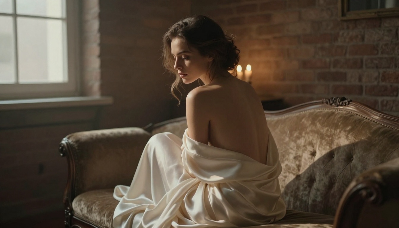 Artistic implied boudoir portrait, warm sepia tones, fashion photography