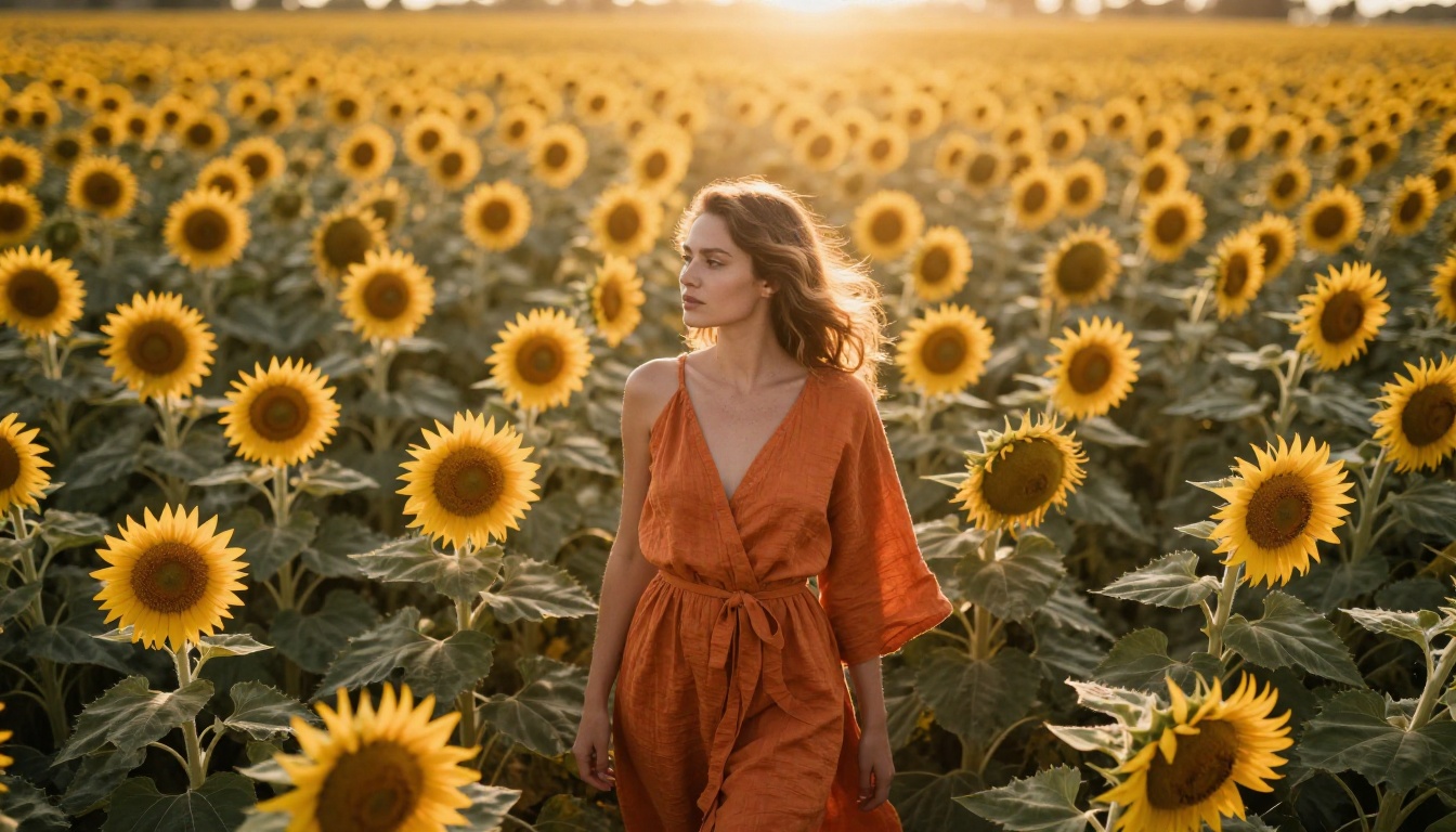 Woman in sunflower field at golden hour, aerial drone photography