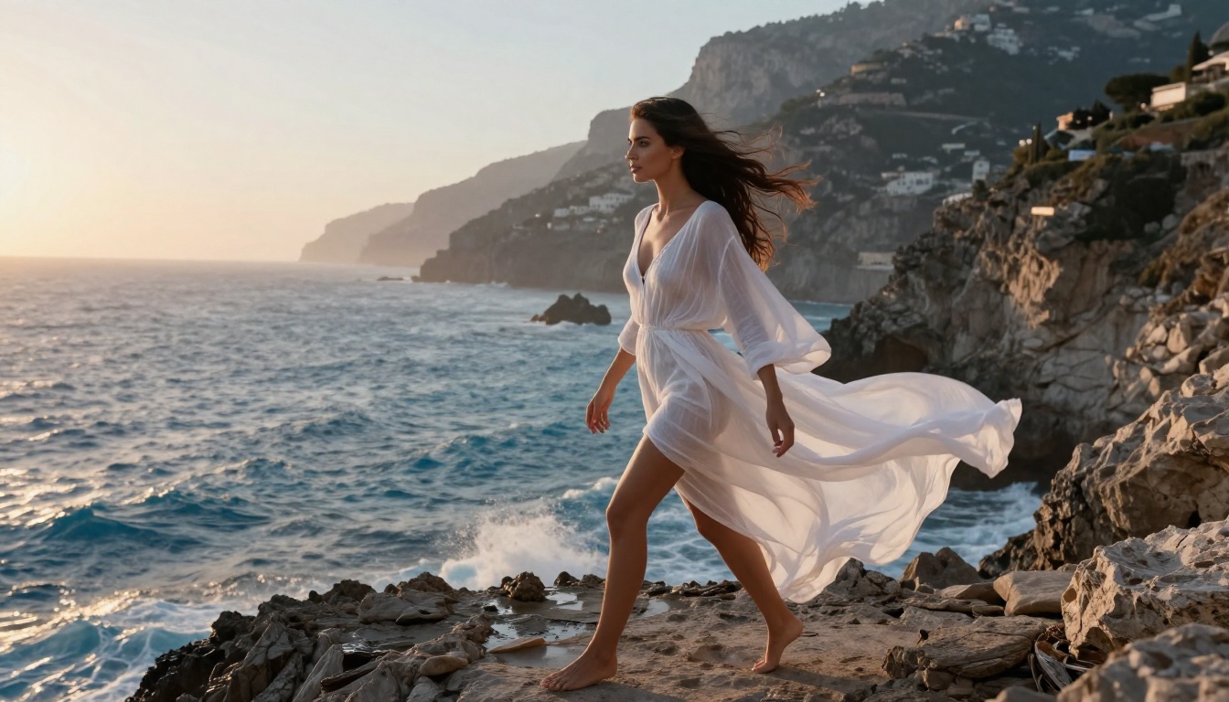 Woman on Amalfi Coast cliff, sheer cover-up billowing in wind, travel fashion photography Woman on Amalfi Coast cliff, sheer cover-up billowing in wind, travel fashion photography