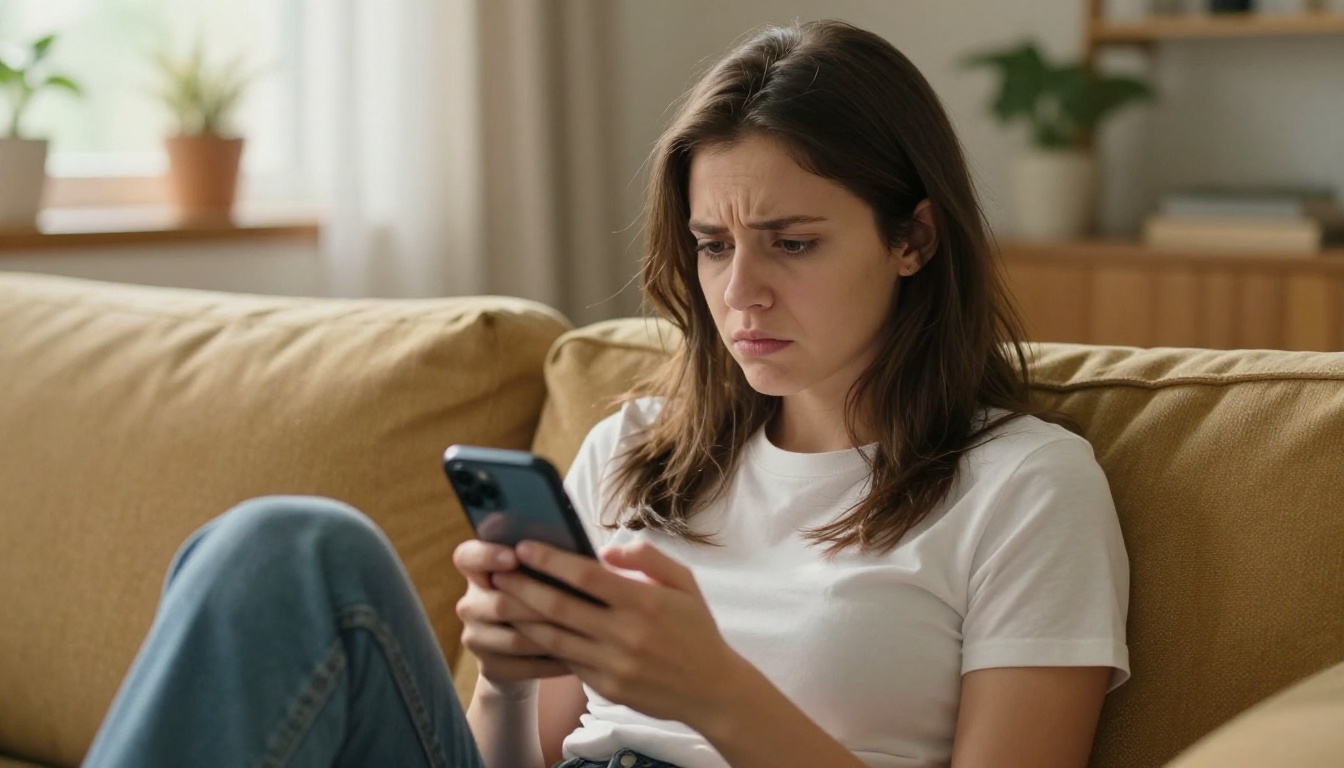 Woman on a couch looking at her phone with a skeptical expression after encountering a watermarked AI result Woman on a couch looking at her phone with a skeptical expression after encountering a watermarked AI result