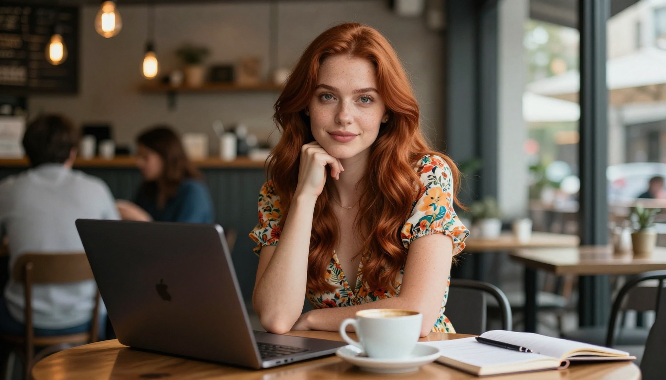 Attractive woman at a cafe with open laptop displaying an AI generation interface Attractive woman at a cafe with open laptop displaying an AI generation interface