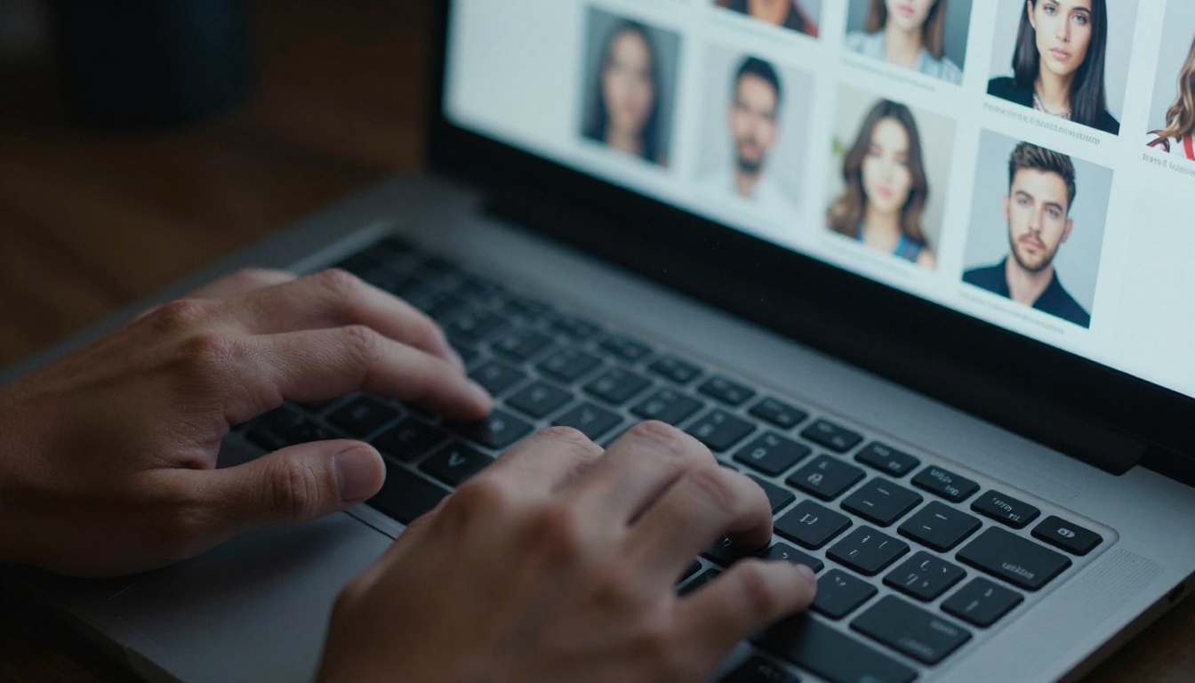 Close-up of hands typing on a dark keyboard with AI-generated image thumbnails on a monitor Close-up of hands typing on a dark keyboard with AI-generated image thumbnails on a monitor