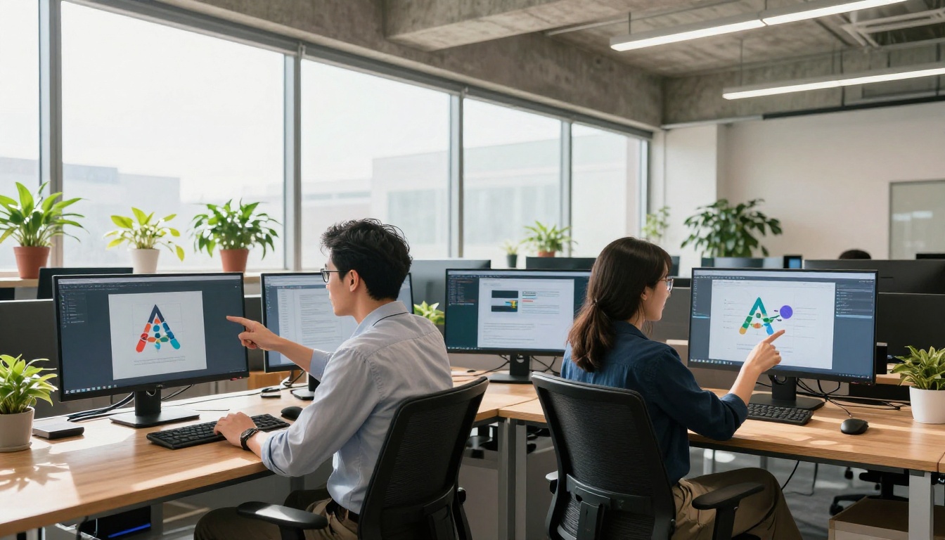 Two professionals comparing AI image generation results on dual monitors in a modern workspace Two professionals comparing AI image generation results on dual monitors in a modern workspace