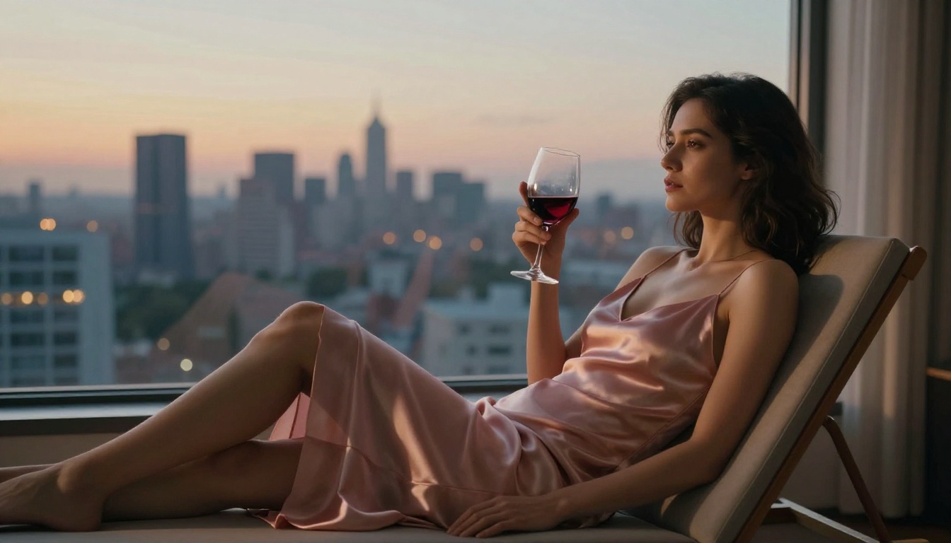 Woman reclining by window at dusk holding wine glass in silk dress