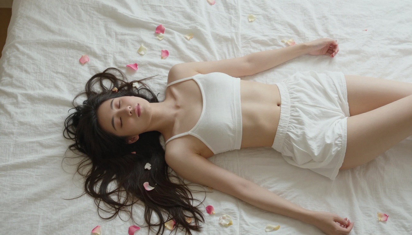 Overhead aerial view of woman lying on white linen bed surrounded by flower petals, soft morning light Overhead aerial view of woman lying on white linen bed surrounded by flower petals, soft morning light