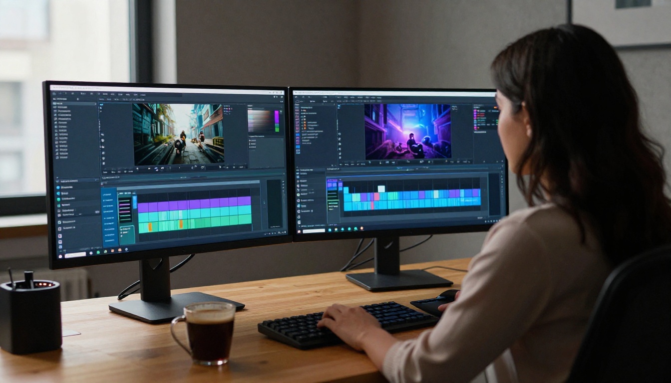 Creator at dual-monitor workstation editing AI video content, screen glow mixing with amber desk lamp