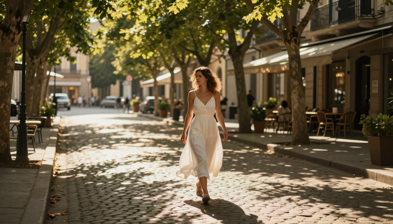Woman in white summer dress walking along cobblestone European street, dappled sunlight through trees