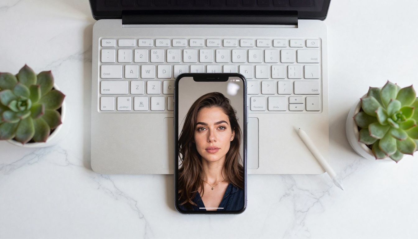 Flat lay aerial shot, smartphone showing AI-generated portrait on marble surface beside laptop keyboard Flat lay aerial shot, smartphone showing AI-generated portrait on marble surface beside laptop keyboard