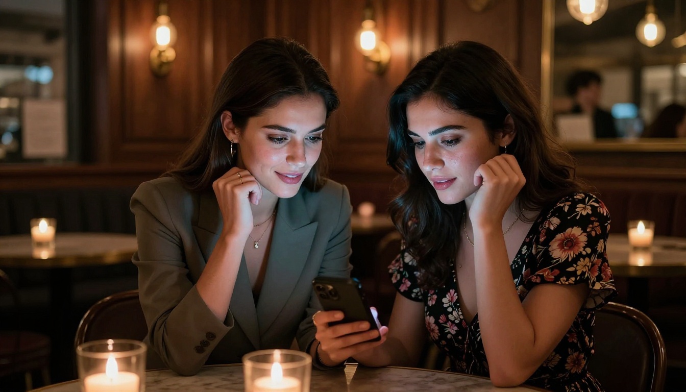 Two women sharing phone screen in warm candlelit cafe