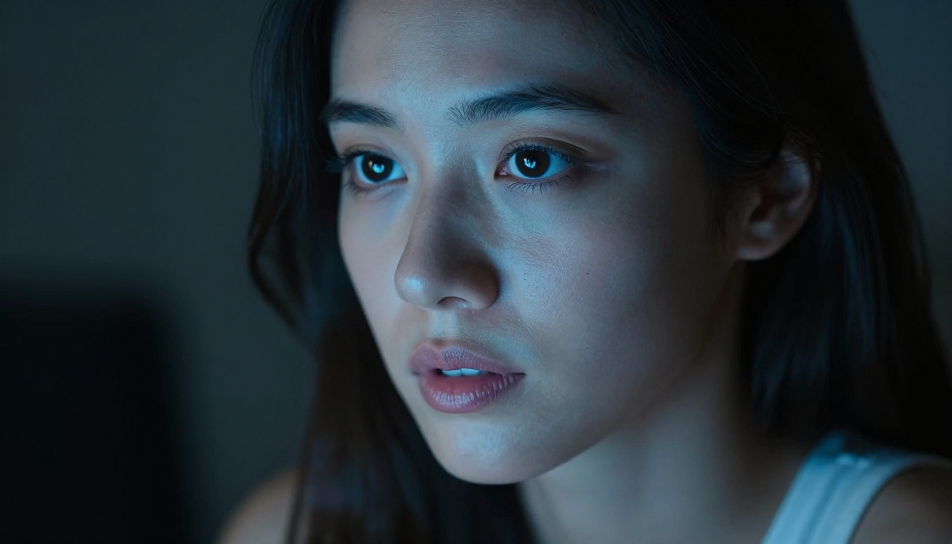 Close-up woman face illuminated by monitor glow in dark room