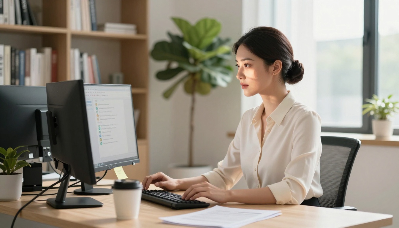 Woman at professional desk with dual monitors in bright daytime office