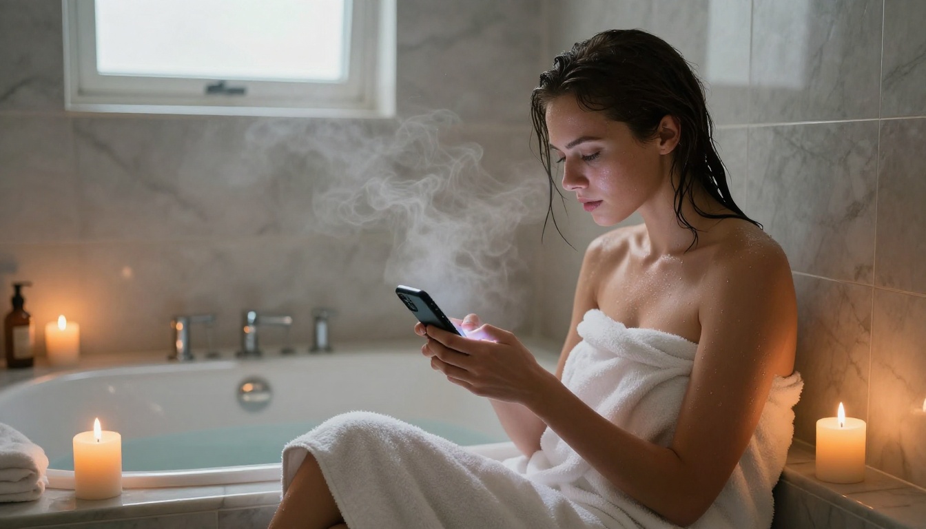 Woman at spa bathtub edge in candlelight typing on phone with steam visible