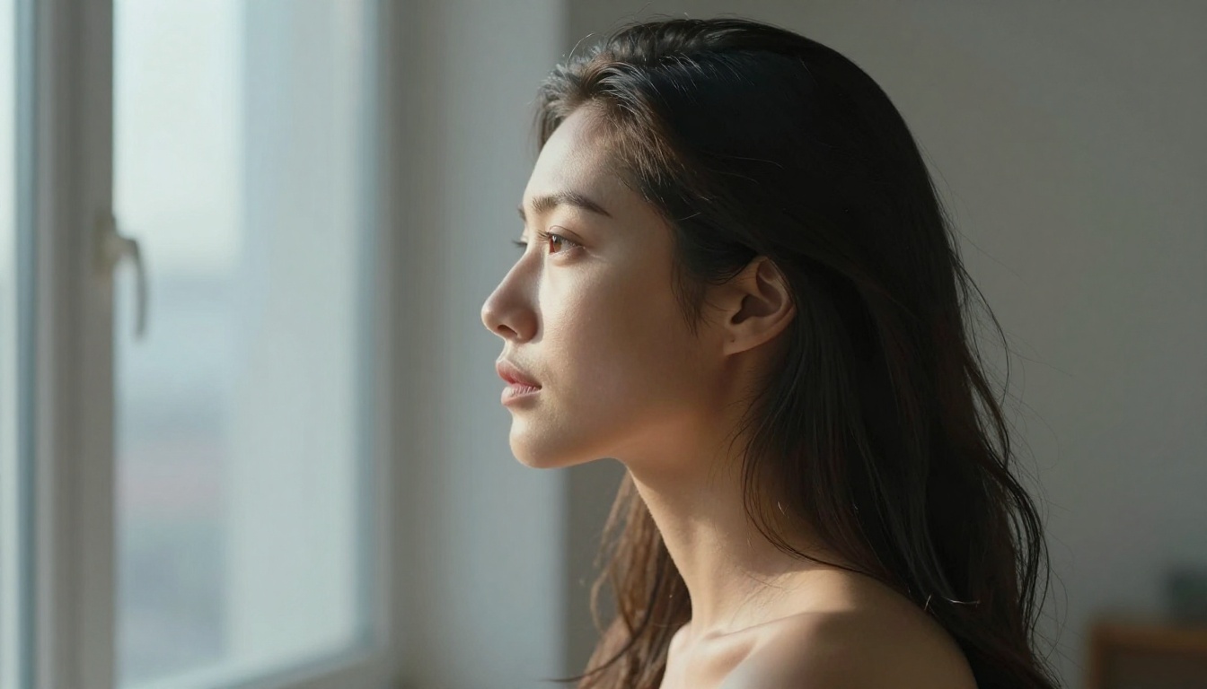 Side profile portrait of a woman, diffused window light, shallow depth of field, photorealistic, 8K, film grain