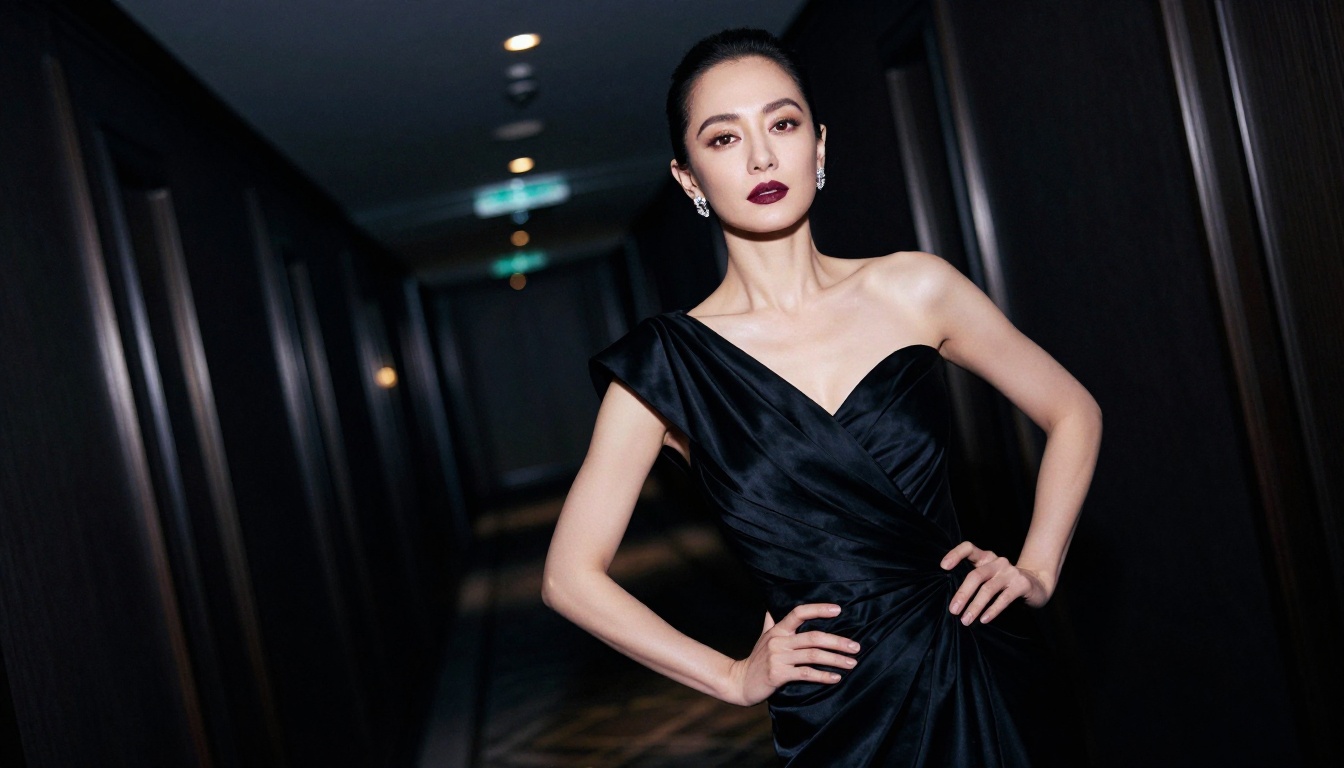 Editorial fashion portrait, woman in black evening gown, luxury corridor, dramatic spotlight, photorealistic 8K