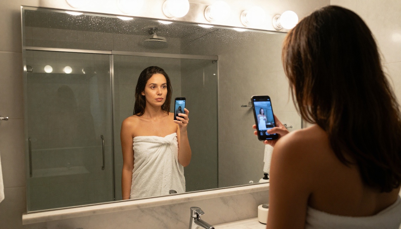 Woman taking selfie in bathroom mirror, vanity lighting, marble countertop, photorealistic, 8K photography Woman taking selfie in bathroom mirror, vanity lighting, marble countertop, photorealistic, 8K photography