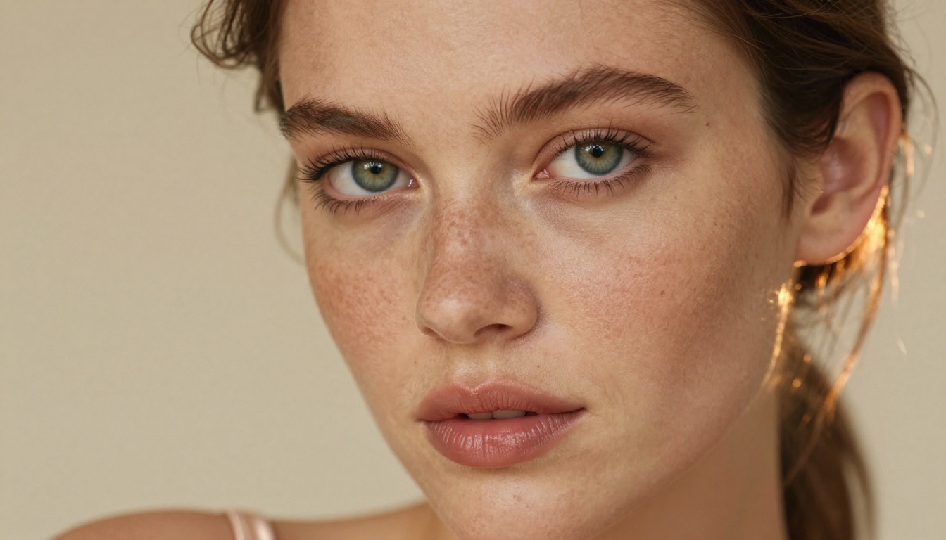 Close-up portrait of woman with green eyes in champagne silk bralette, photorealistic AI