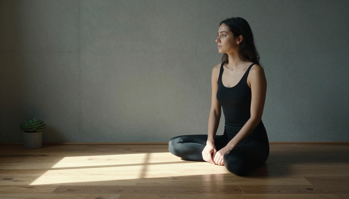 Woman in bodysuit seated in minimalist loft with window light stripe across the floor