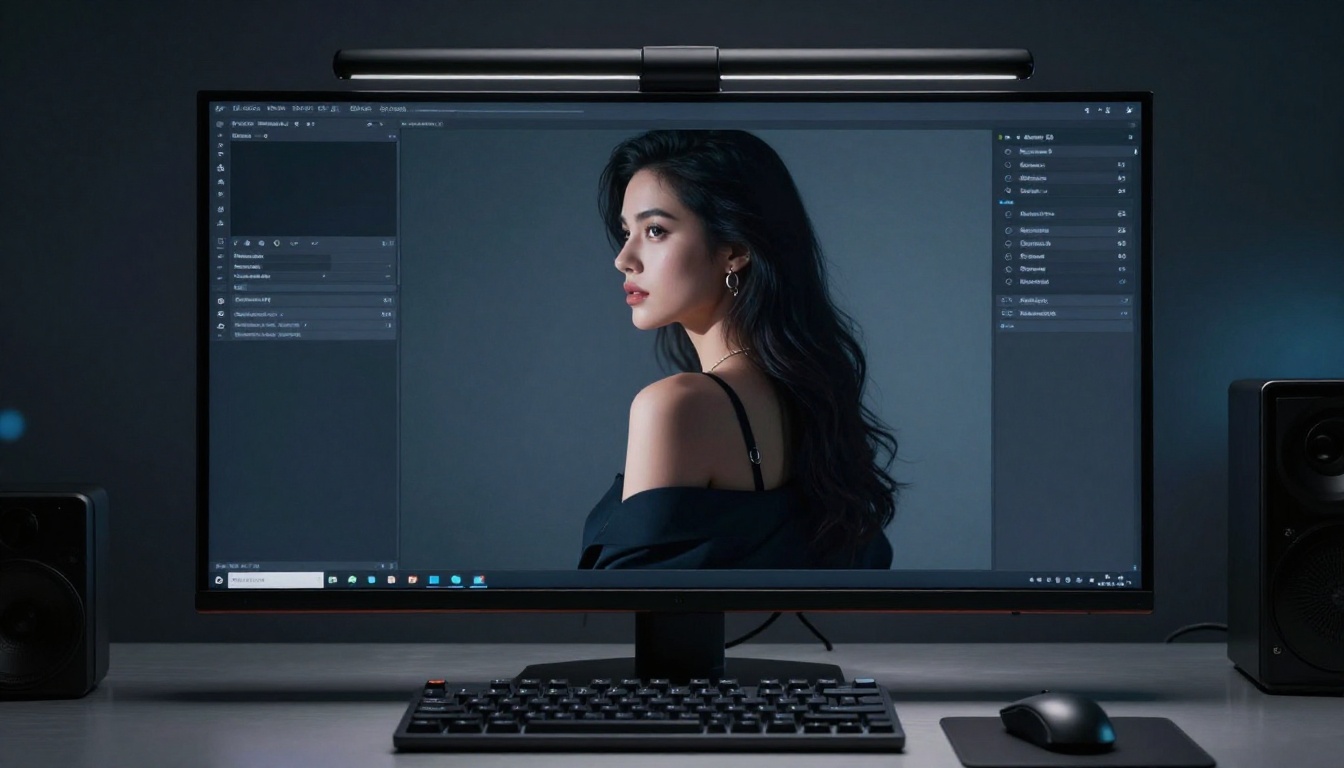 AI generation interface on monitor showing photorealistic result in dark studio