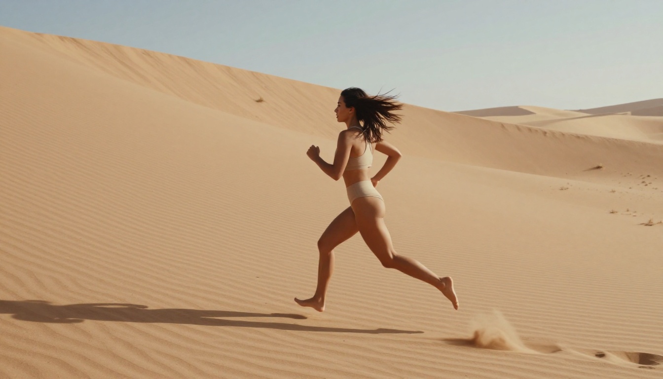 Athletic woman running along desert sand dune at dawn, photorealistic 8K AI image