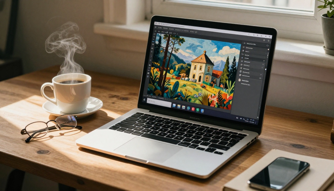 Laptop on wooden desk with AI generation platform on screen, warm creator workspace