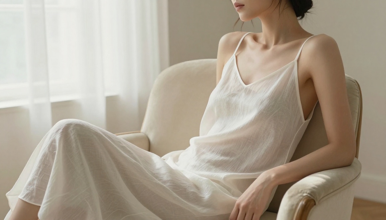 Elegant fashion model in minimalist white studio, sheer silk dress, natural north window light