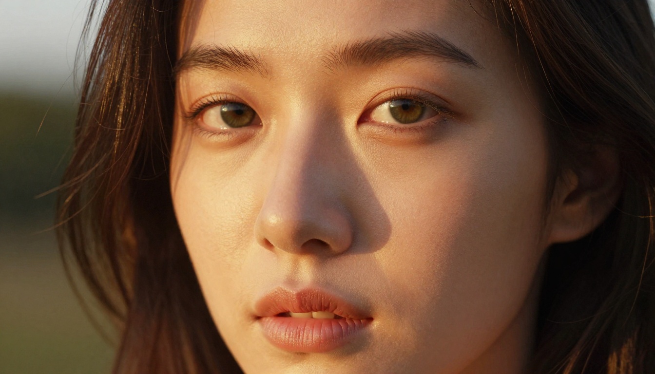 Close-up portrait of woman with emerald eyes, golden hour Rembrandt side-lighting, 135mm lens