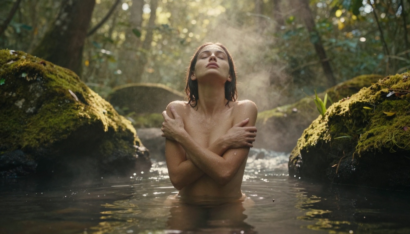 Artistic implied nude portrait of woman emerging from forest pool, volumetric morning light through dense canopy Artistic implied nude portrait of woman emerging from forest pool, volumetric morning light through dense canopy