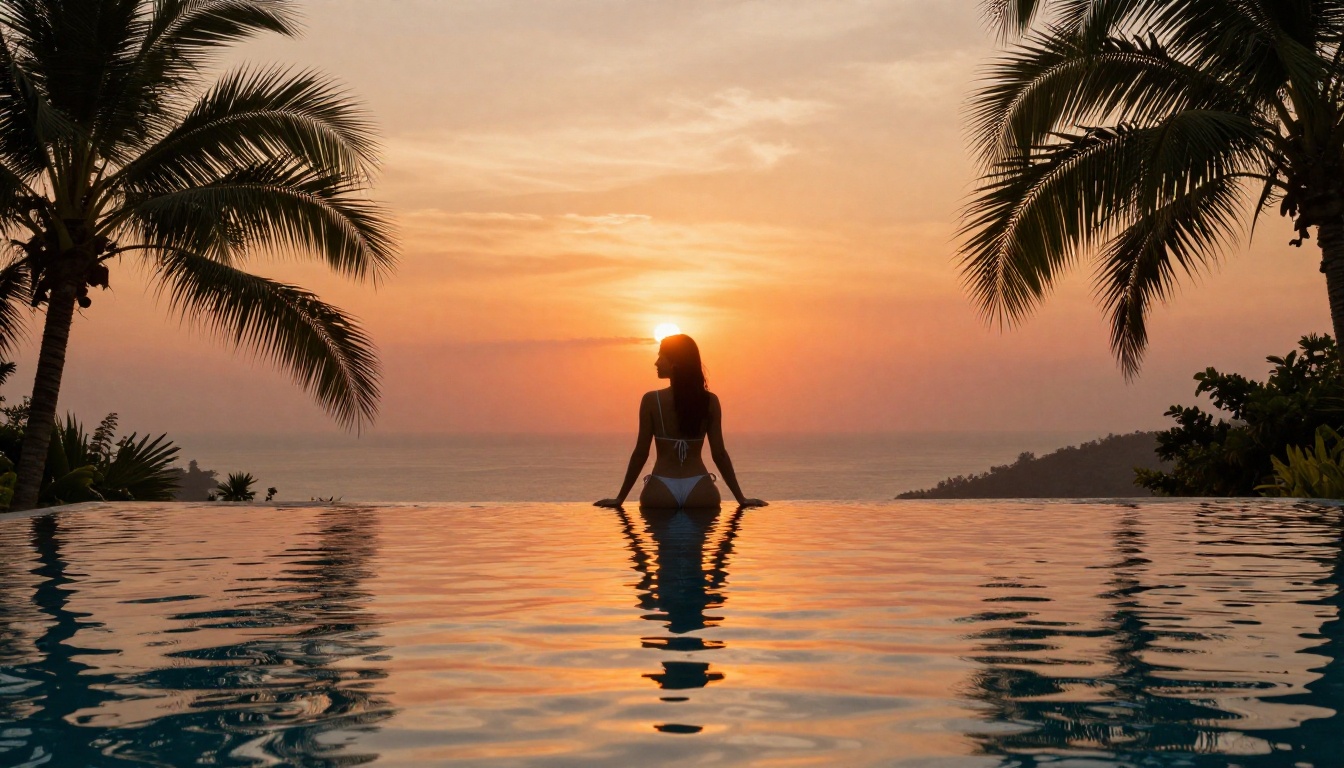 Wide shot of woman in white bikini at luxury infinity pool, tropical jungle valley at sunset Wide shot of woman in white bikini at luxury infinity pool, tropical jungle valley at sunset