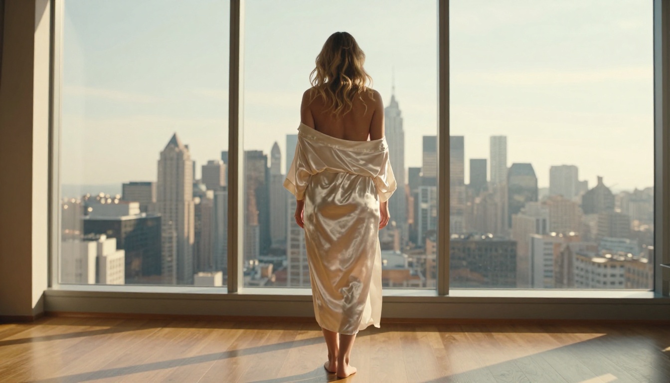 Beautiful woman in white robe at hotel window overlooking city at golden hour