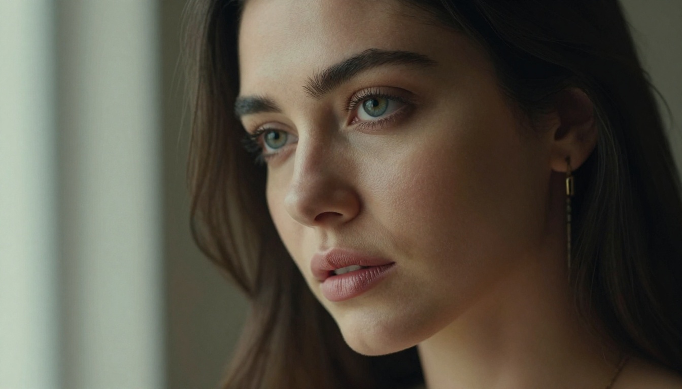 Close-up portrait of woman with green eyes, window light from left, gold jewelry