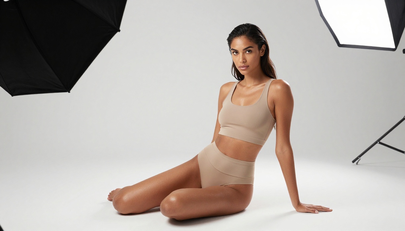 Athletic woman with caramel skin in studio, white backdrop, editorial fashion composition