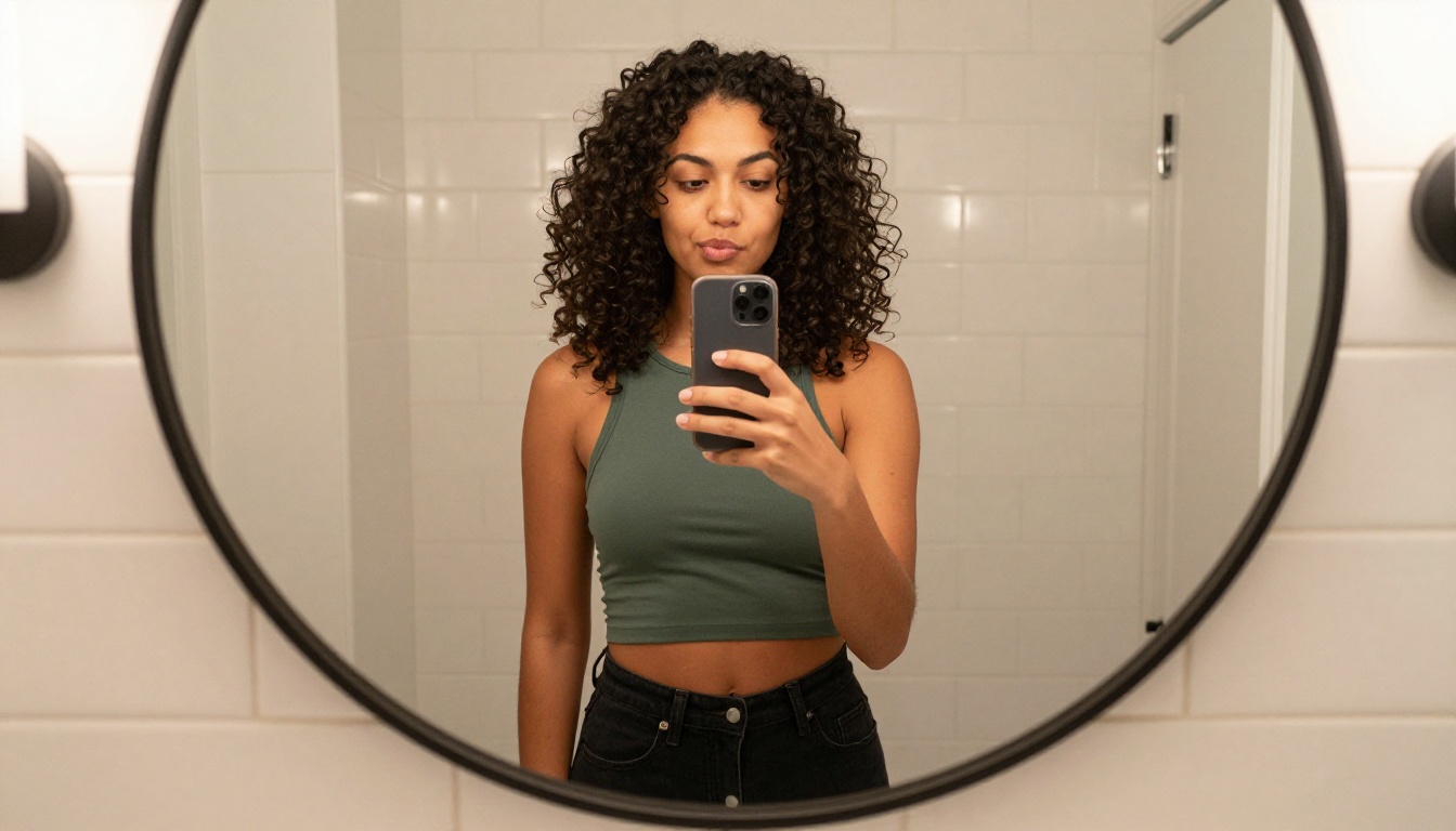 Young woman taking a casual mirror selfie in bathroom Young woman taking a casual mirror selfie in bathroom