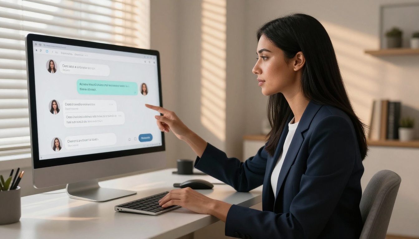 Woman at a modern desk interacting with an AI interface