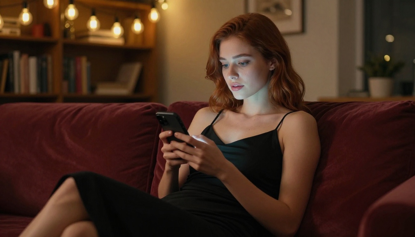 Woman in black dress relaxing on sofa in evening light
