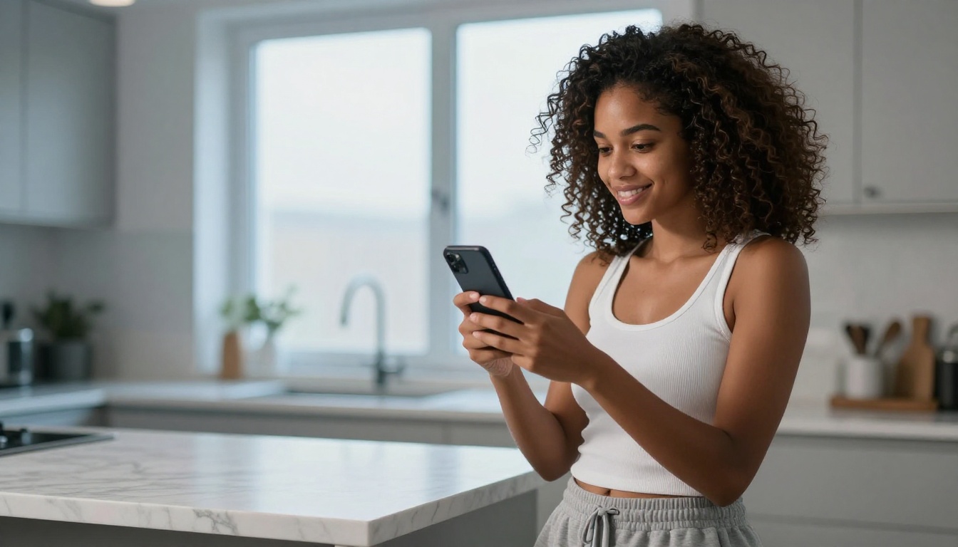 Woman in kitchen holding phone as if sending a photo