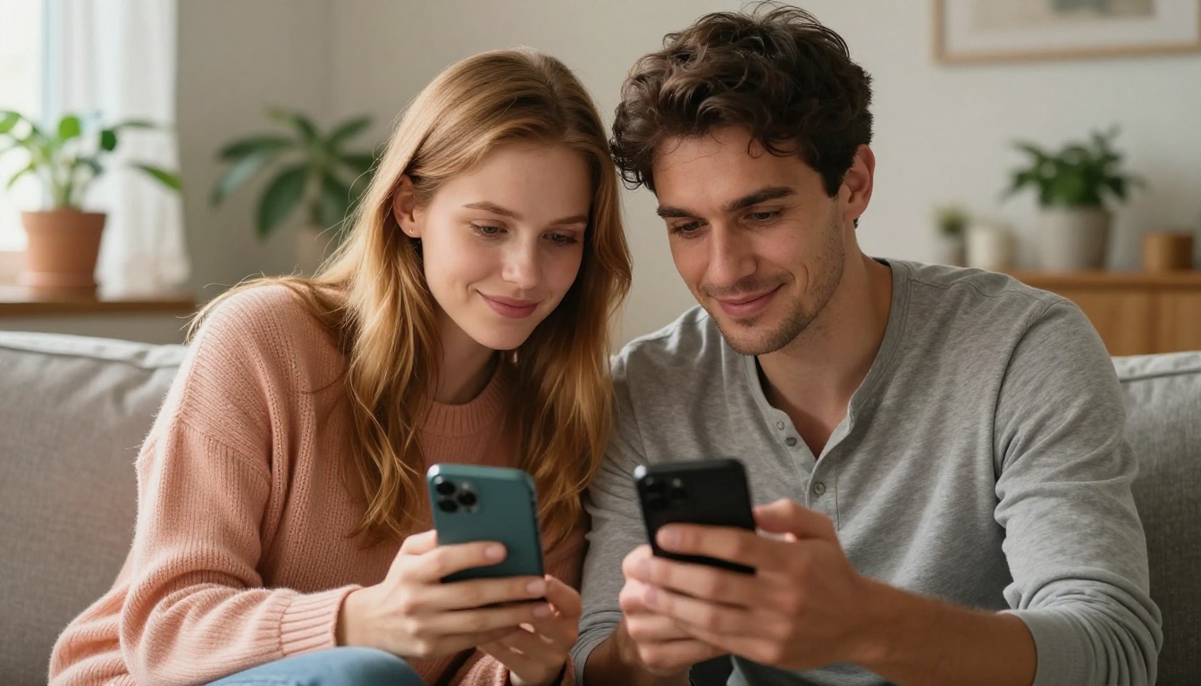 Couple sitting together warmly looking at a phone screen