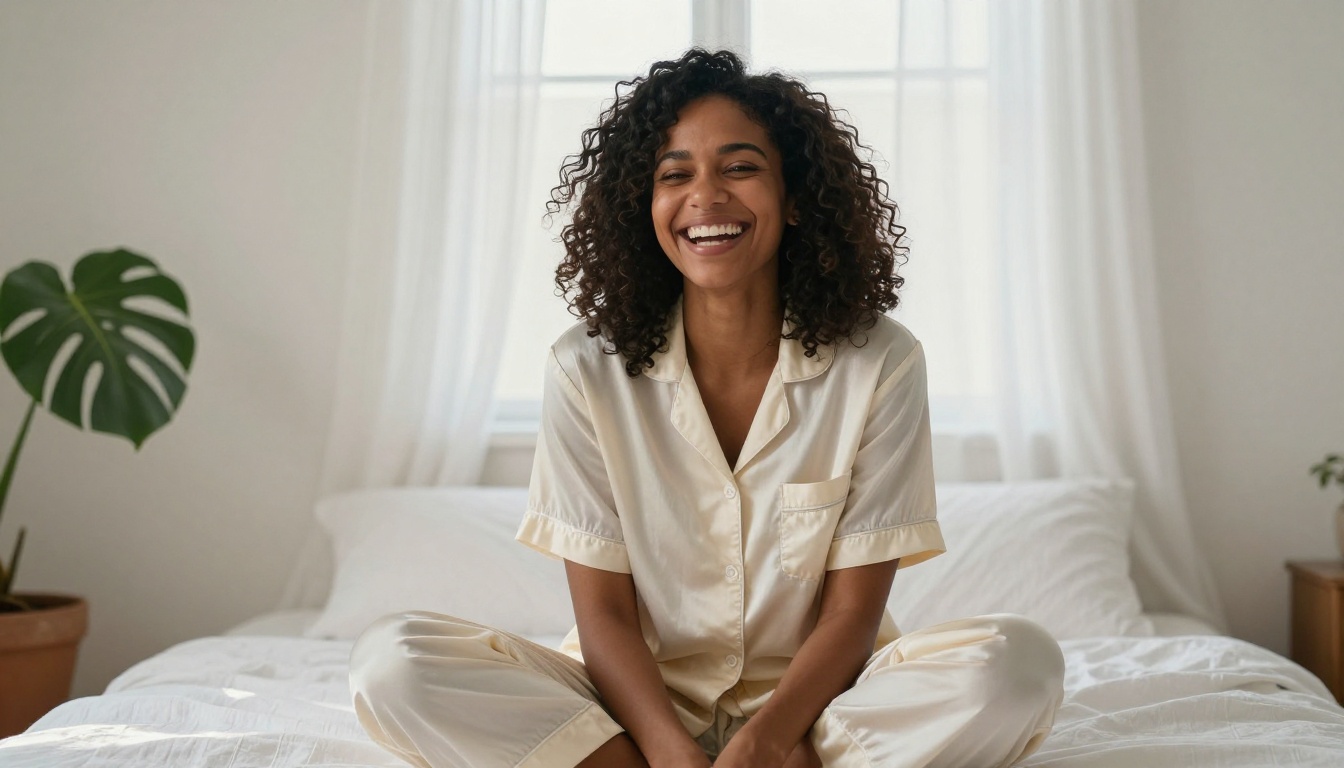 Dark-skinned woman laughing in bed, cream silk pajamas, natural curly hair, morning diffused light streaming through sheer curtains